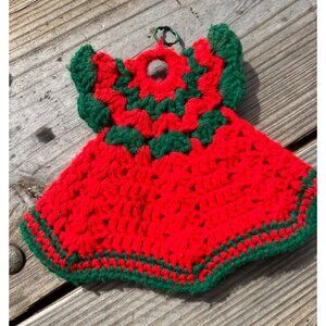 Vintage Handmade Crochet Christmas Dress Decor/Hot Pad/dish soap dress Red & Gre